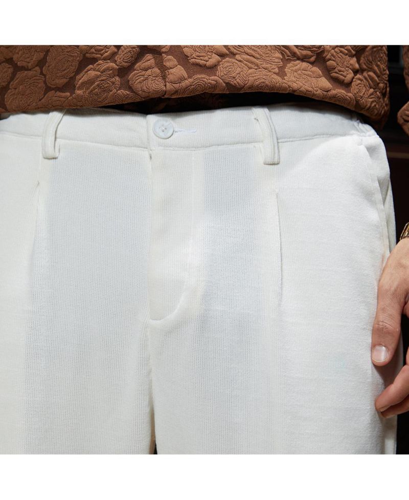 Men's Cream White Waffle-Pleated Straight Trousers