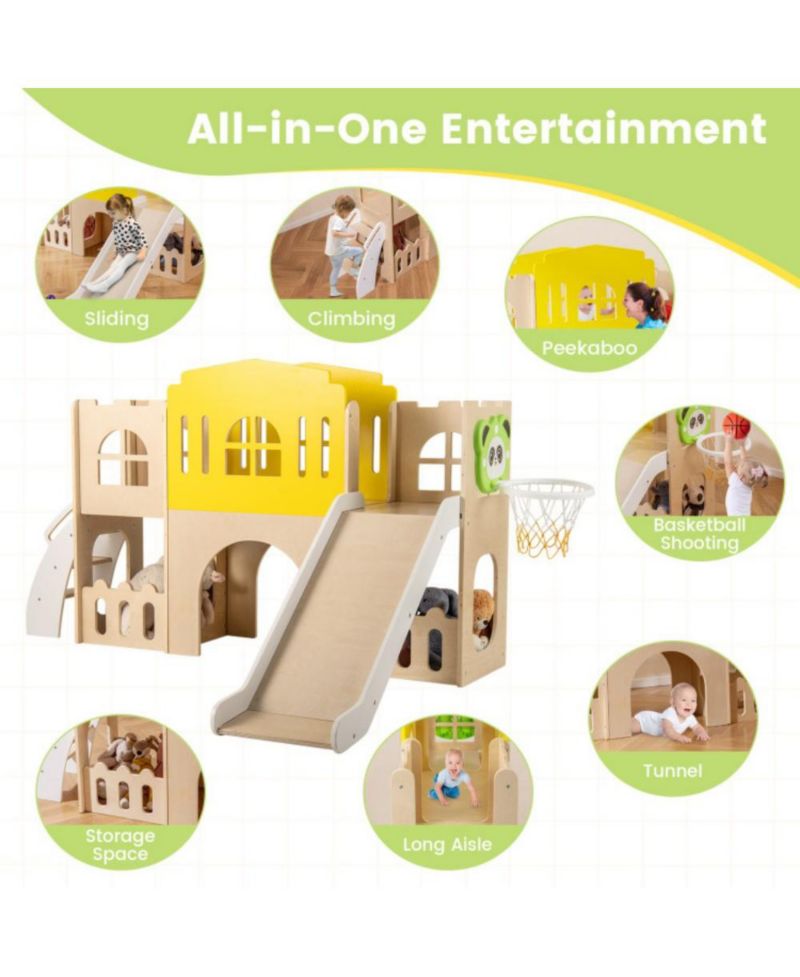 7-in-1 Wooden Slide and Climber Set with Basketball Hoop