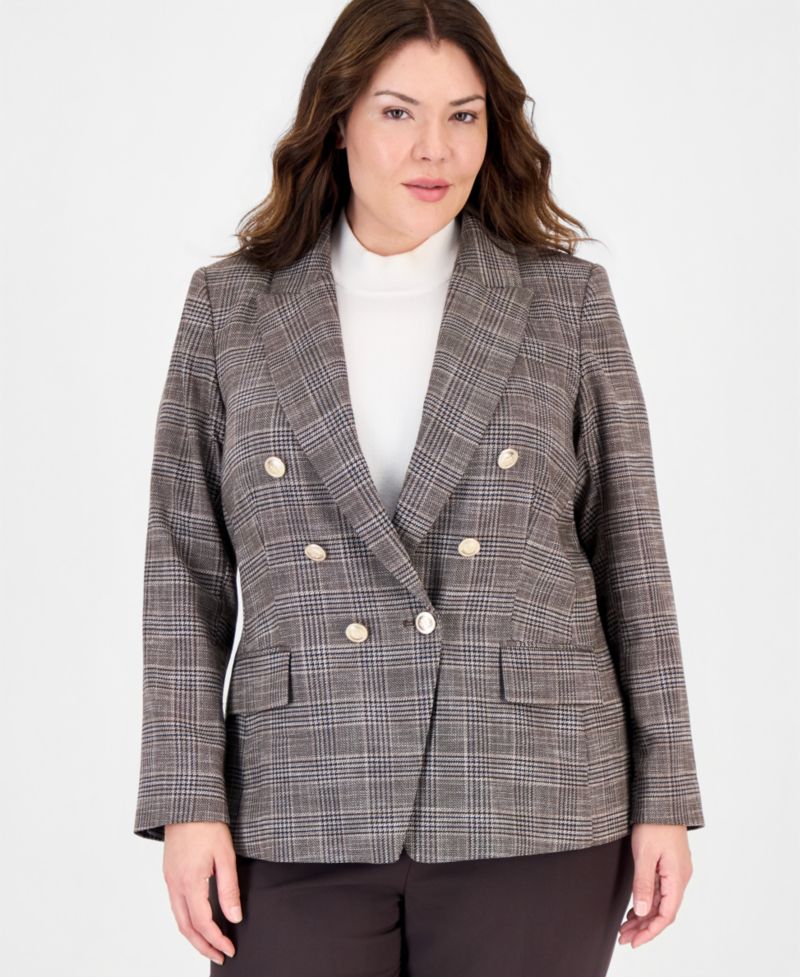 Plus Size Plaid Double-Breasted Blazer