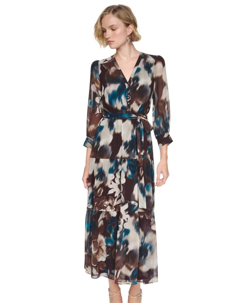 Women's Floral-Print Tiered V-Neck Maxi Dress