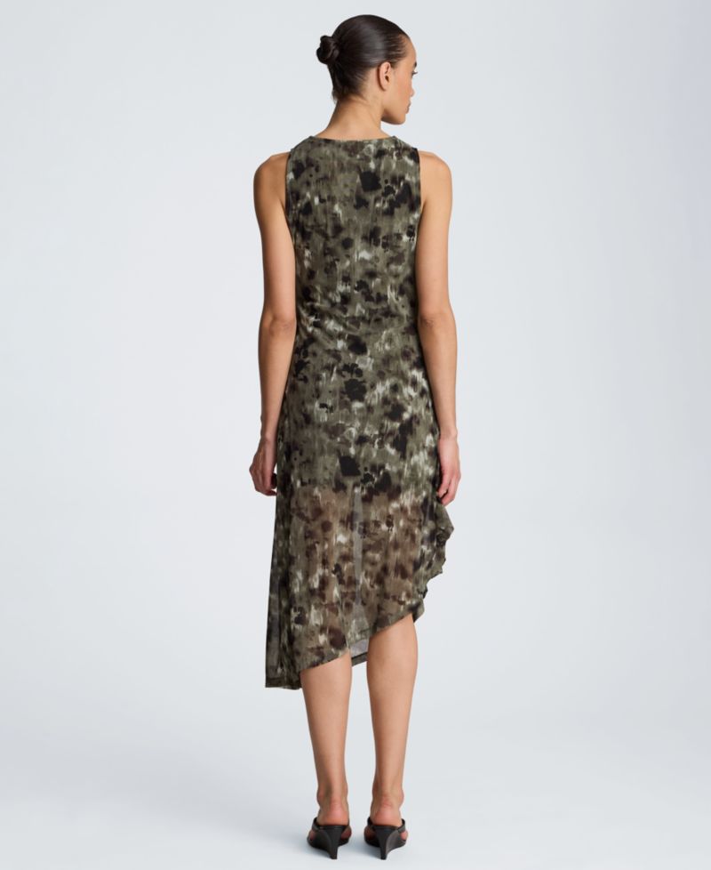Women's Sheer Mesh Overlay Asymmetric Hem Midi Dress