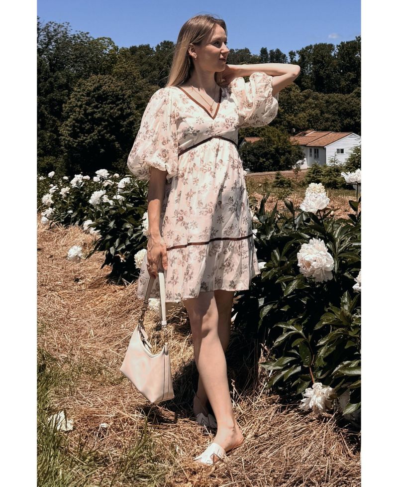 Women's Cream Floral Deep V-Neck Back Cutout Dress
