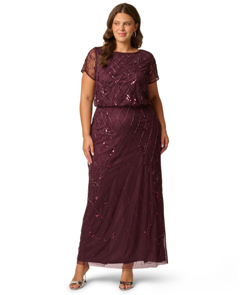 Plus Size Bead Blouson Sequin Short-Sleeve Boat Neck Gown