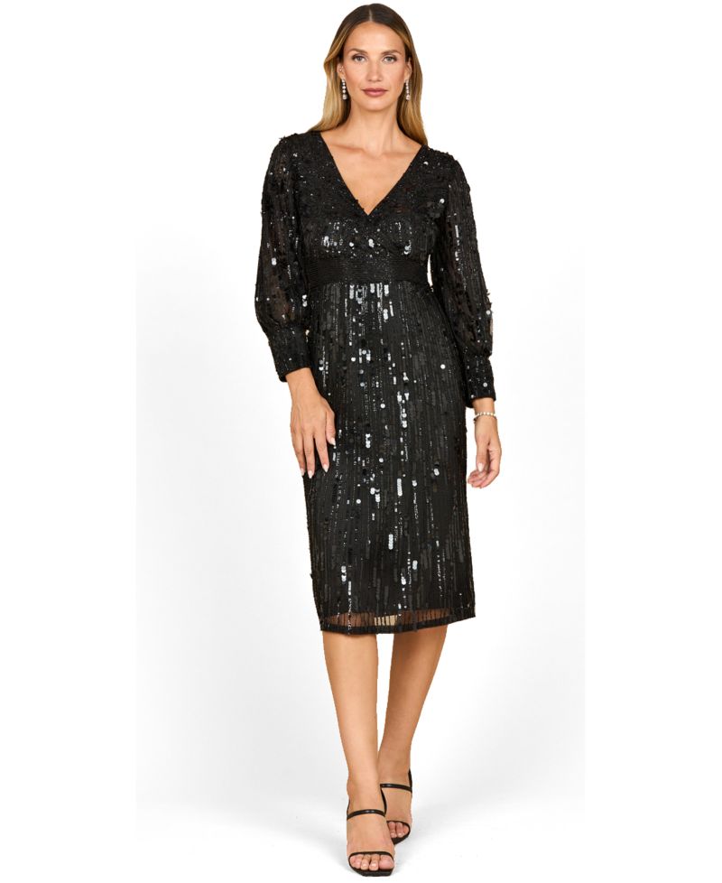 Women's Beaded A-line Midi Dress with Long Sleeves