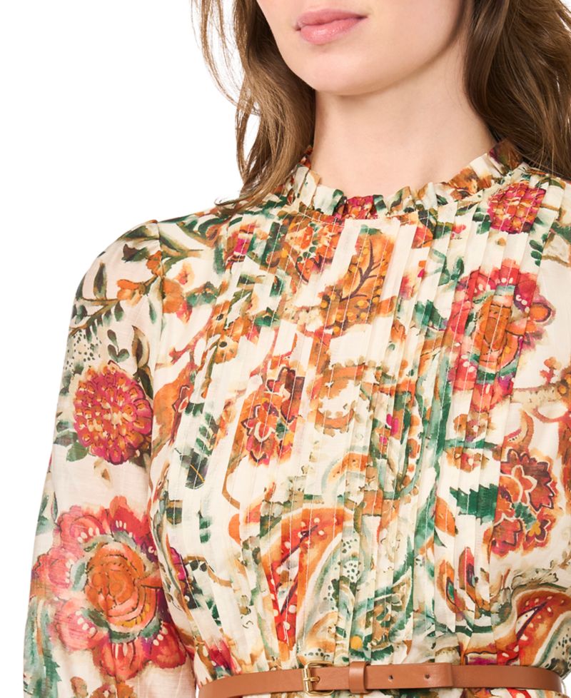 Petites Ruffle Mock Neck Floral-Print Long-Sleeve Dress