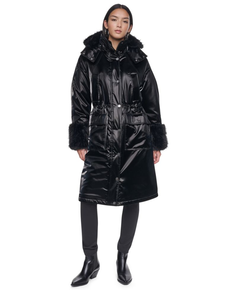 Women's Hooded Knee-Length Faux Fur Cuff Nylon Velvet Coat