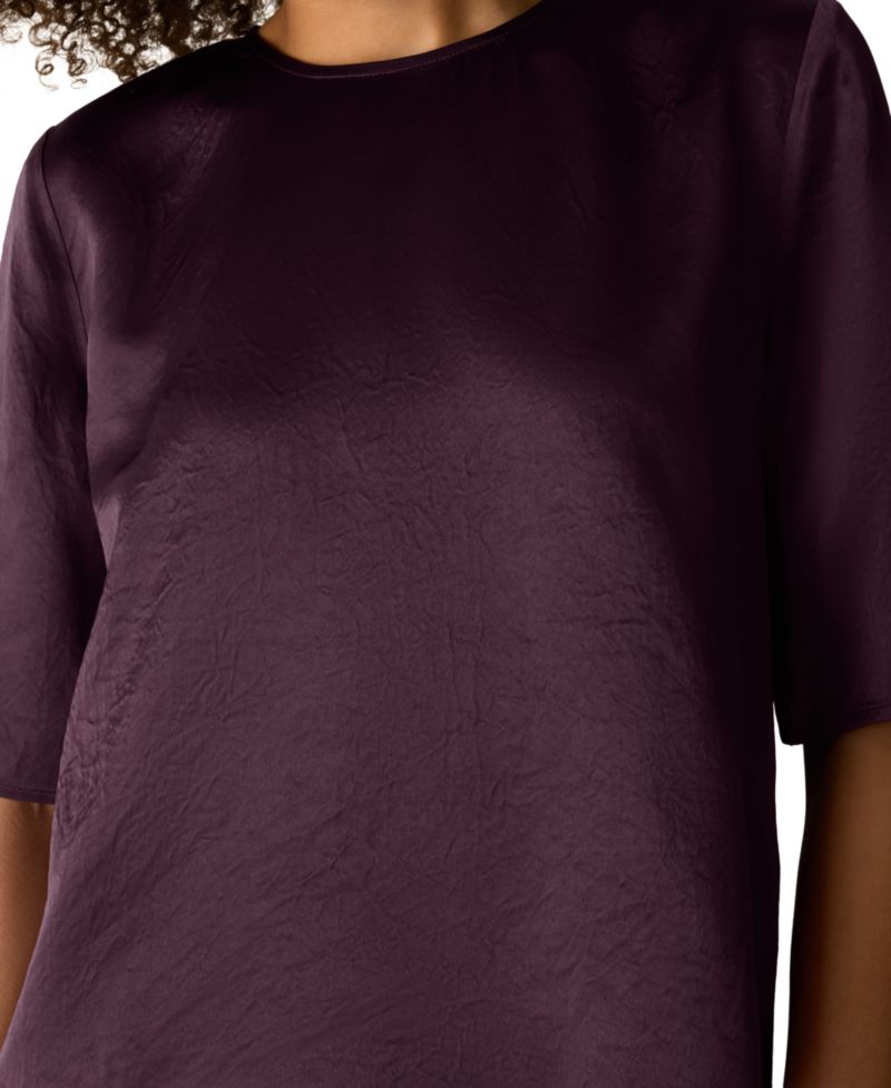 Women's Crewneck Elbow-Sleeve Crinkled-Satin Blouse