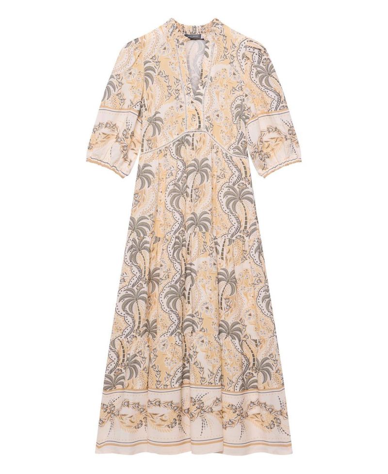 Women's Palm-Print V-Neck 3/4-Sleeve Maxi Dress