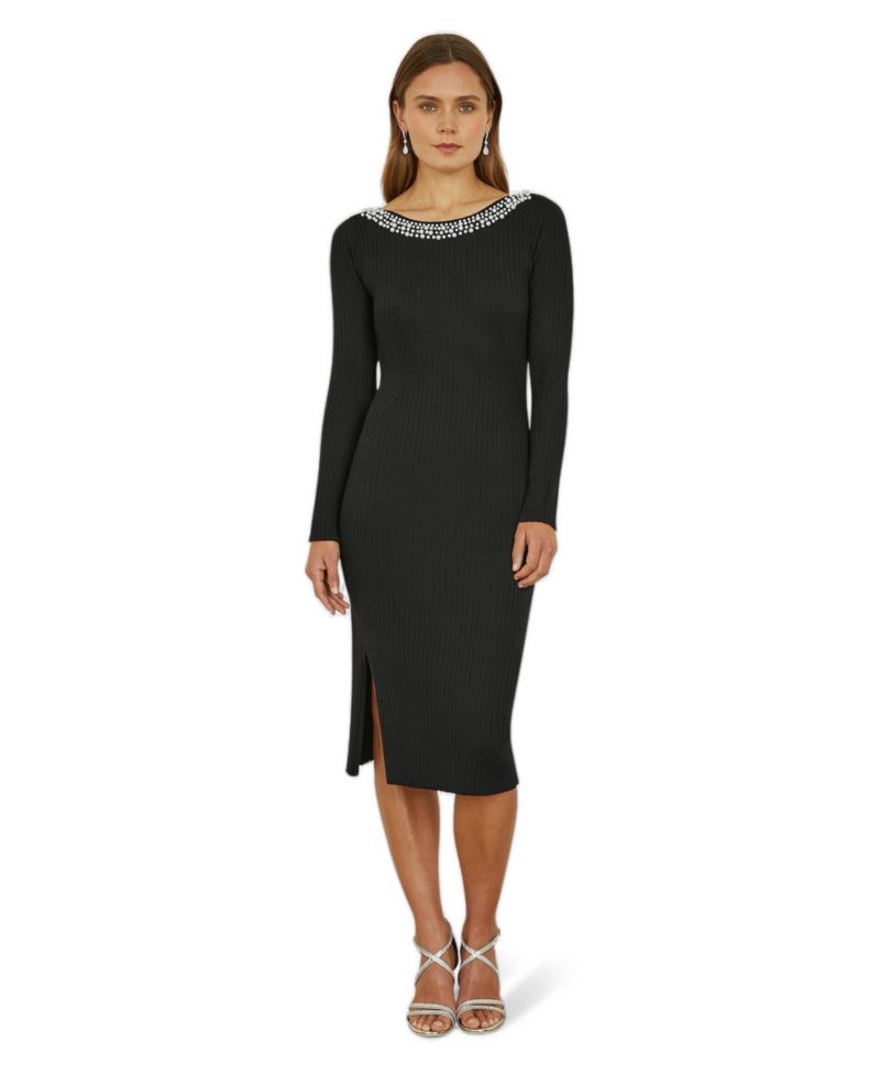 Women's Bedazzled Neck Fitted Midi Knitted Dress