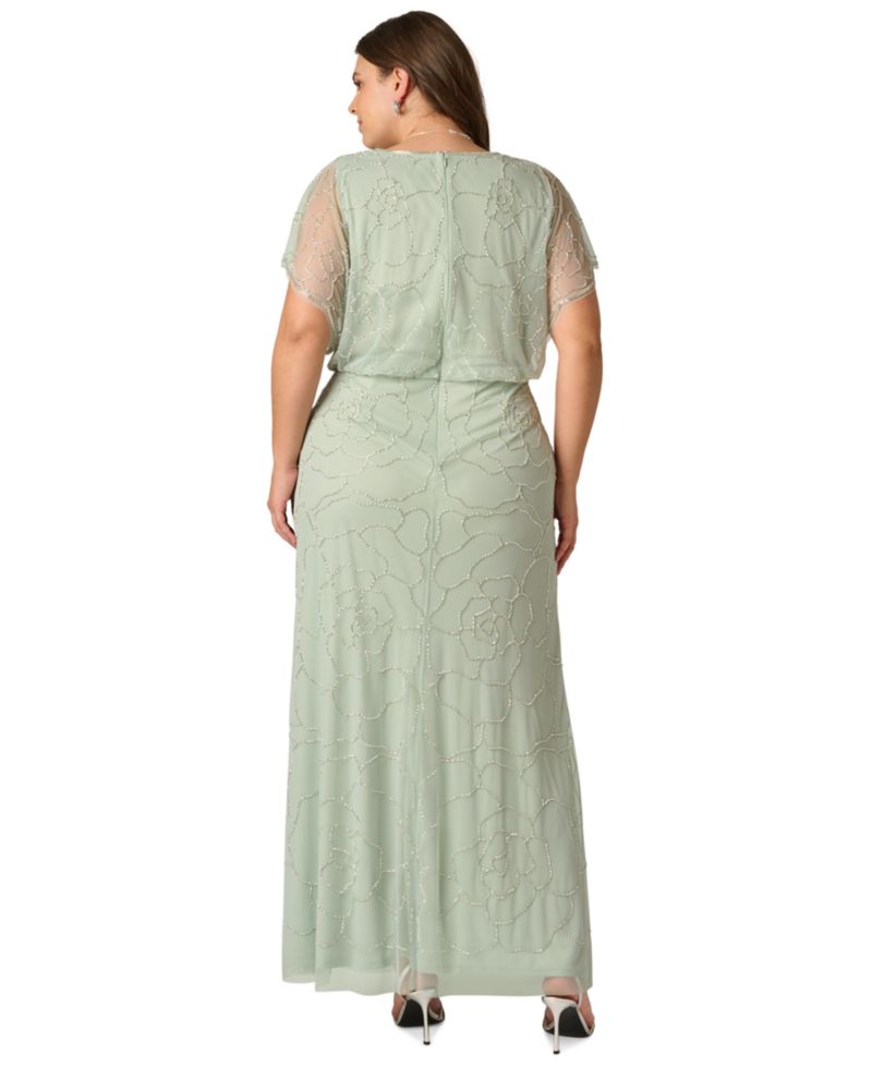 Plus Size Beaded Blouson-Sleeve Ball Gown