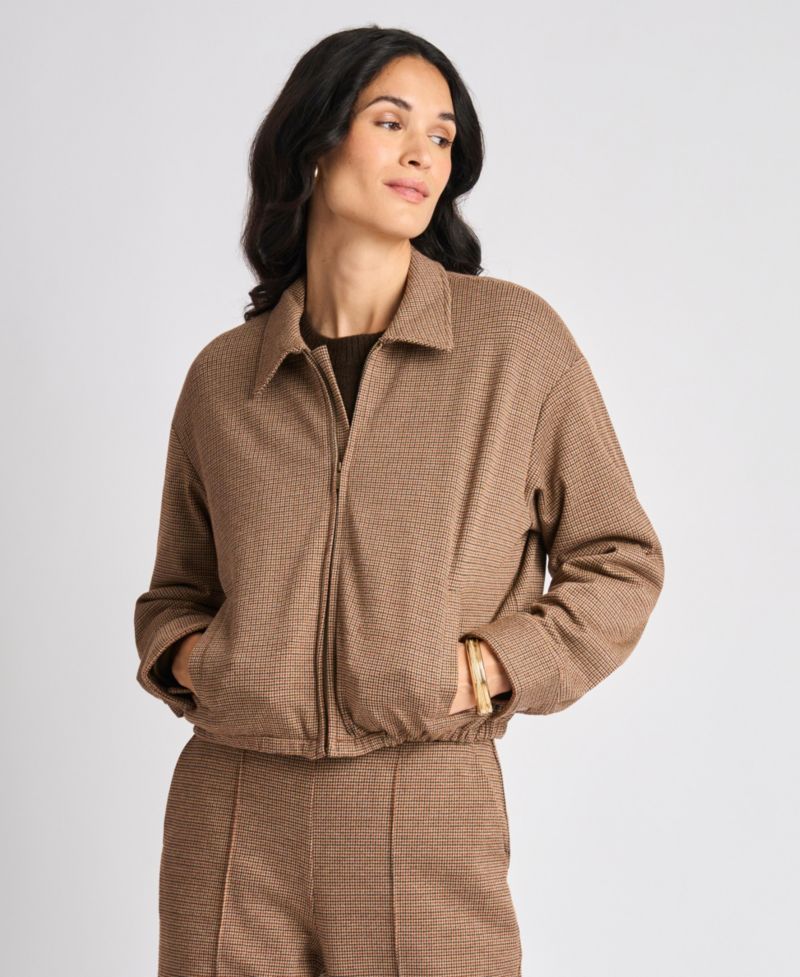 Women's Collared Bubble Front Waffle-Knit Bomber Zip Jacket