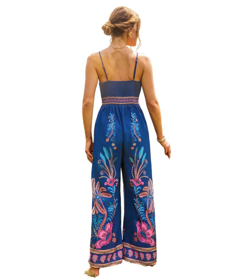 Women's Spaghetti Strap V-Neck Floral-Print Wide-Leg Jumpsuit