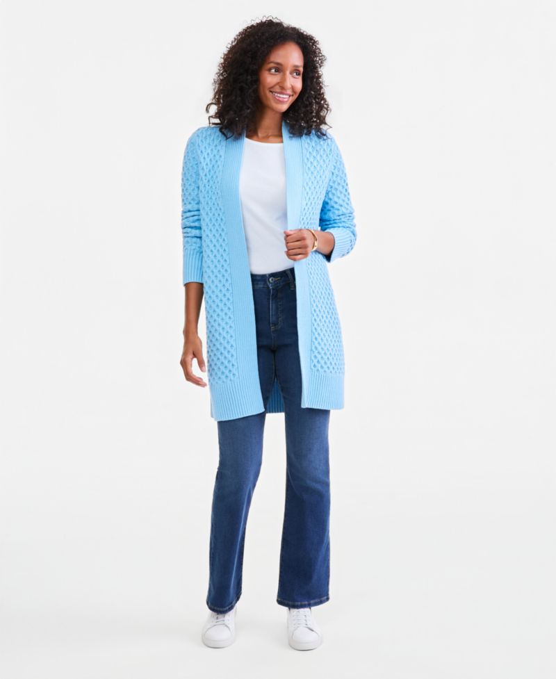 Petite Honeycomb-Knit Open-Front Long Cardigan