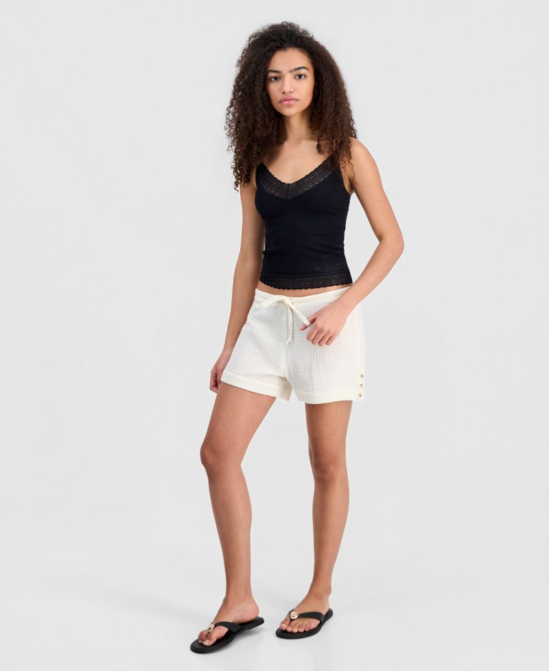 Juniors' Cotton Gauze Button-Hem Shorts