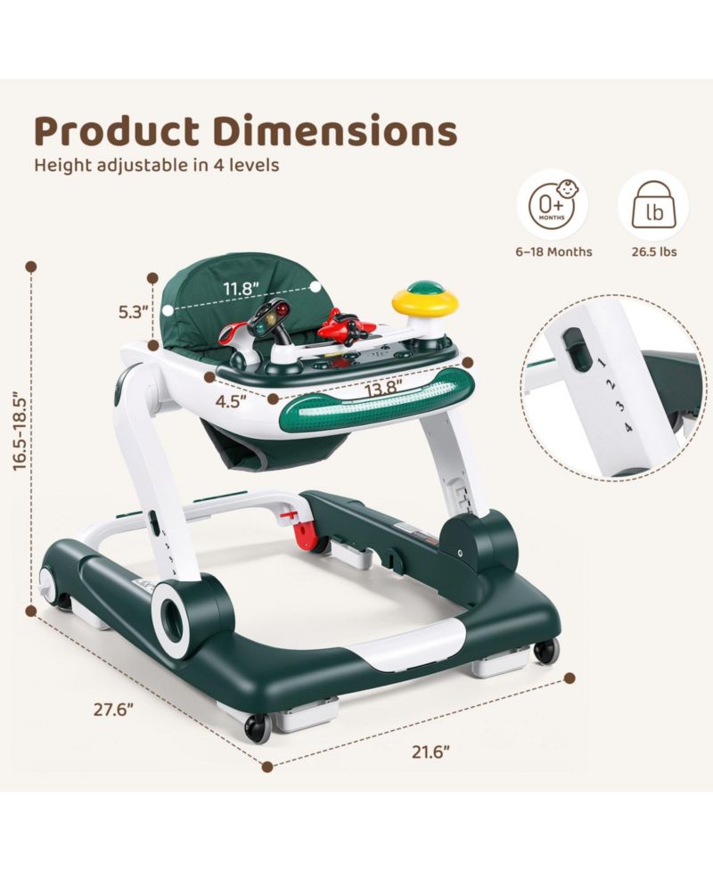 5-in-1 Baby Activity Walker with Music and Lights, Adjustable Height and Safety Bumper