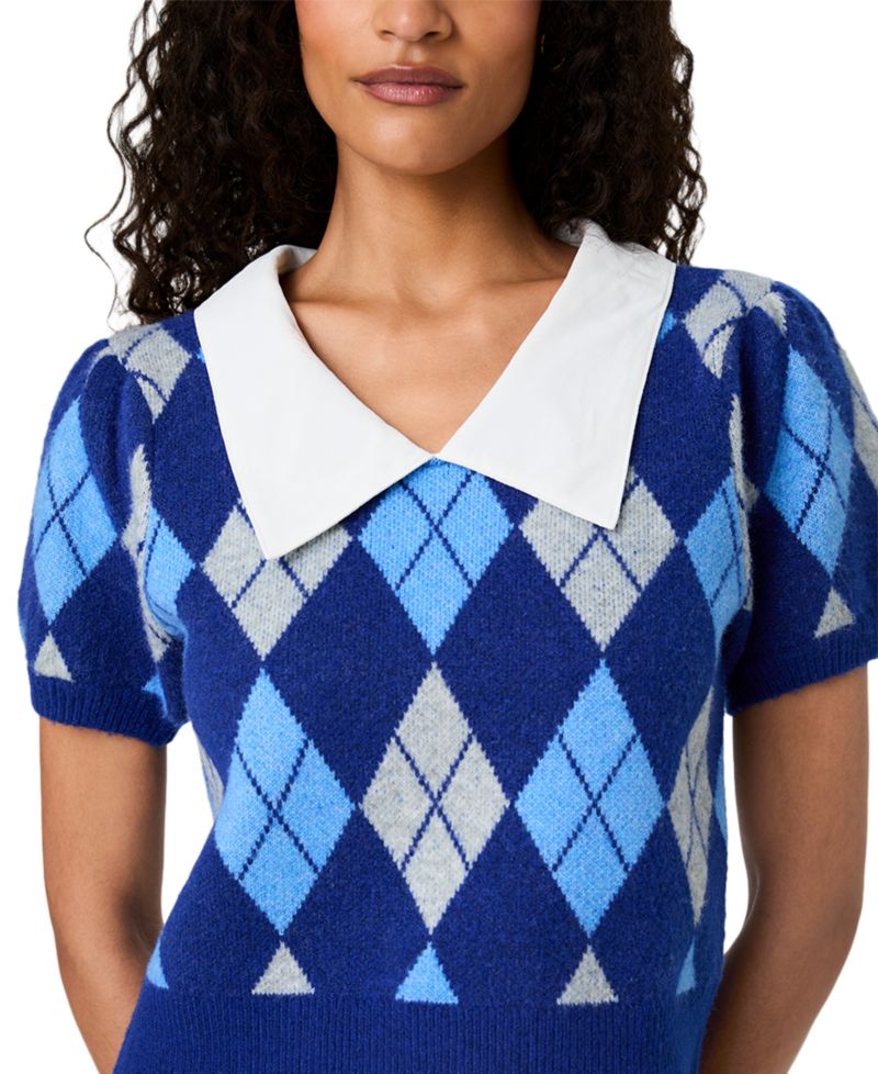 Women's Koda Puff-Sleeve Argyle-Jacquard Collared Top