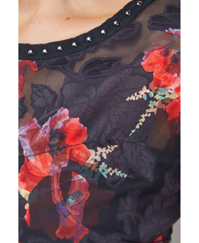Women's Floral Stud Trim Puff Sleeve Midi Dress