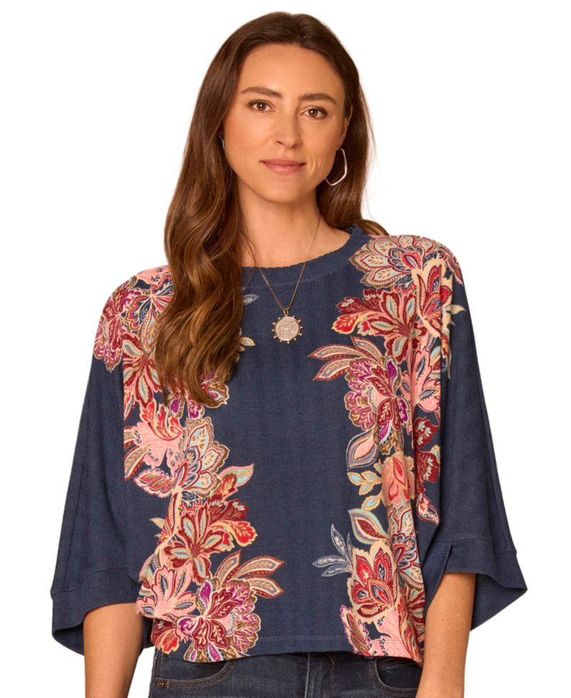 Women's Floral-Print 3/4 Dolman Sleeve Scoop Neck Blouse