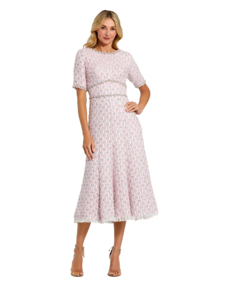Women's Short Sleeve Beaded Trim Boucle Midi Dress
