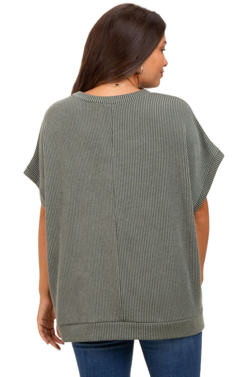 Women's Mocha Solid Ribbed Short Sleeve Oversized Tunic Top