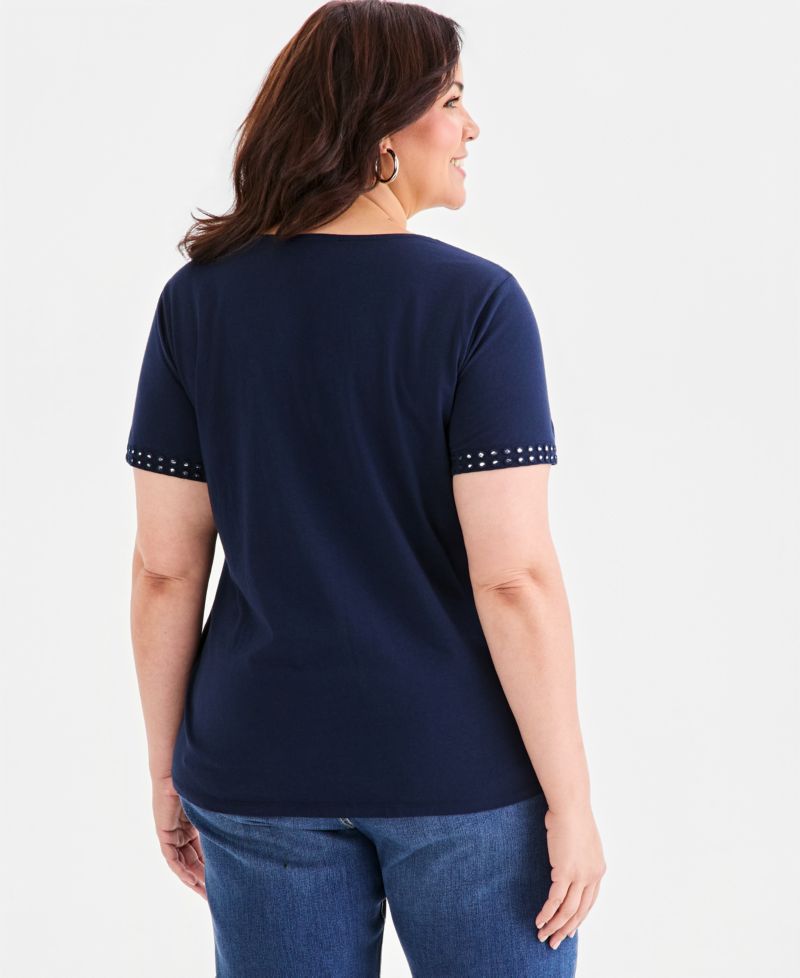 Plus Size Mirror-Trim Scoop-Neck Top