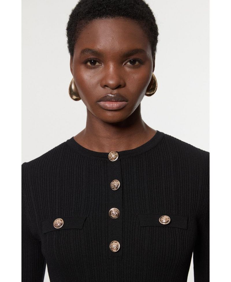 Women's Military Trim Rib Long Sleeve Knit Top