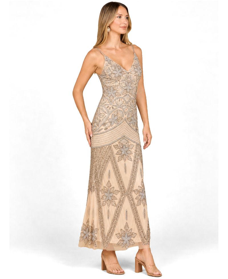Women's Contrast Beaded V-Neck Fitted Gown