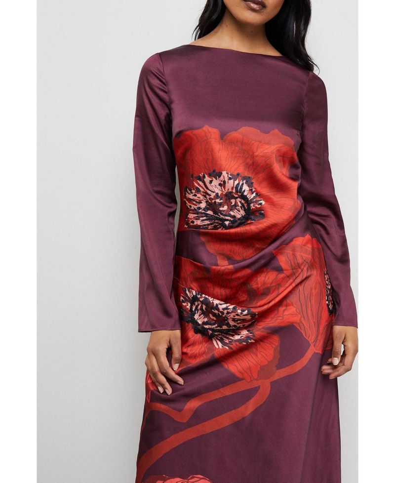 Women's Floral Placement Print Satin Midi Dress