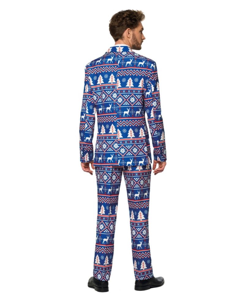 Men's Blue Christmas Blazer - Ugly X- Mas Holiday Festive Nordic Print - Blue - White