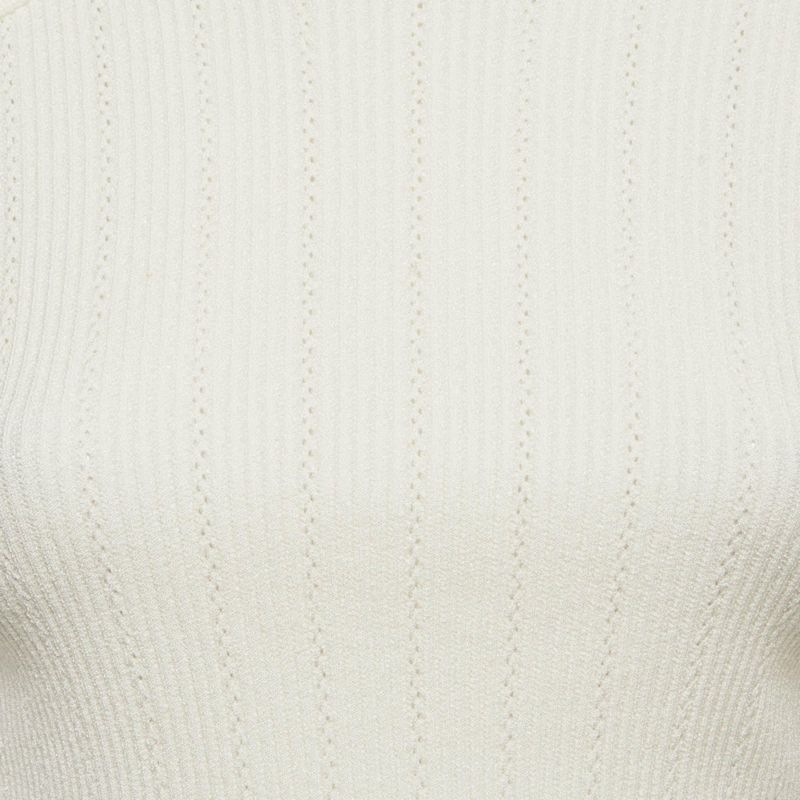 Women's White Rib Knit Structured Shoulders Turtleneck Sweater