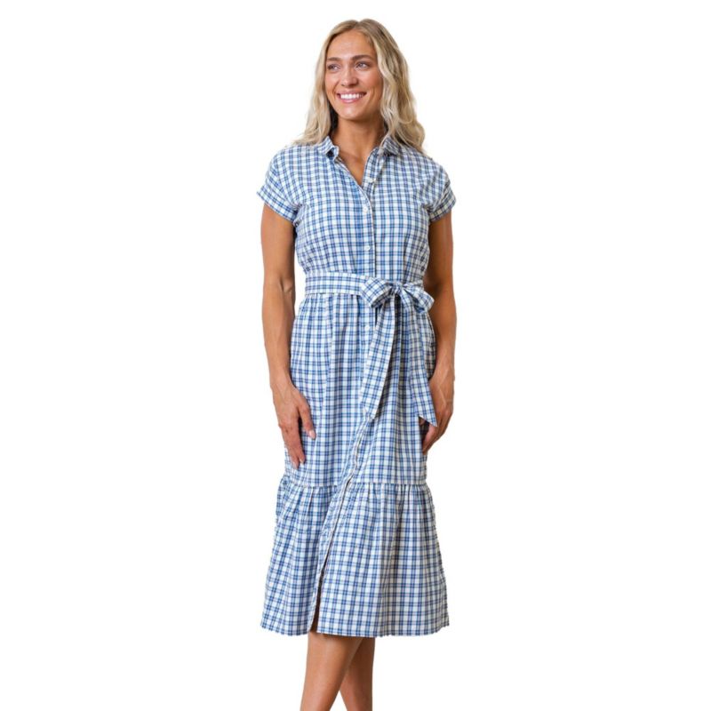 Women's Hope and Henry Short Sleeve Button Front Tiered Maxi Dress with Waist Sash