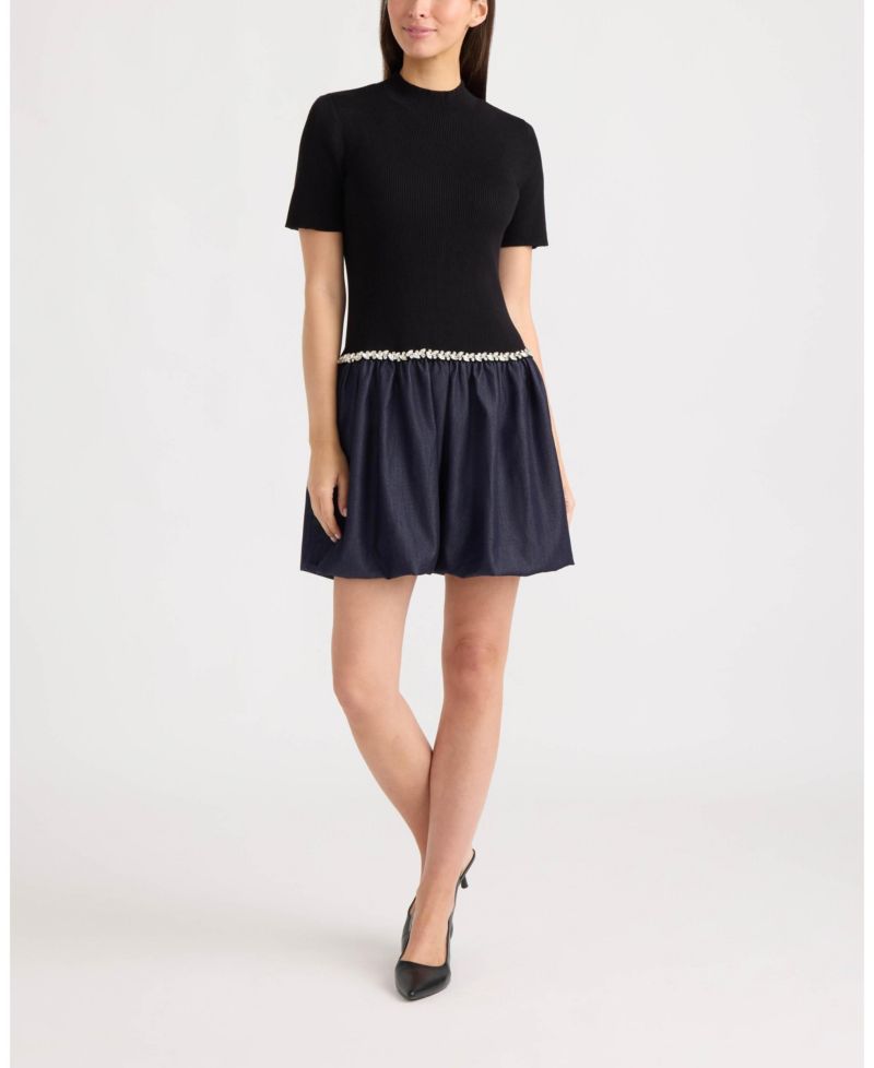 Women's Twofer Mock Neck Short Sleeve Bubble Skirt Mini Dress