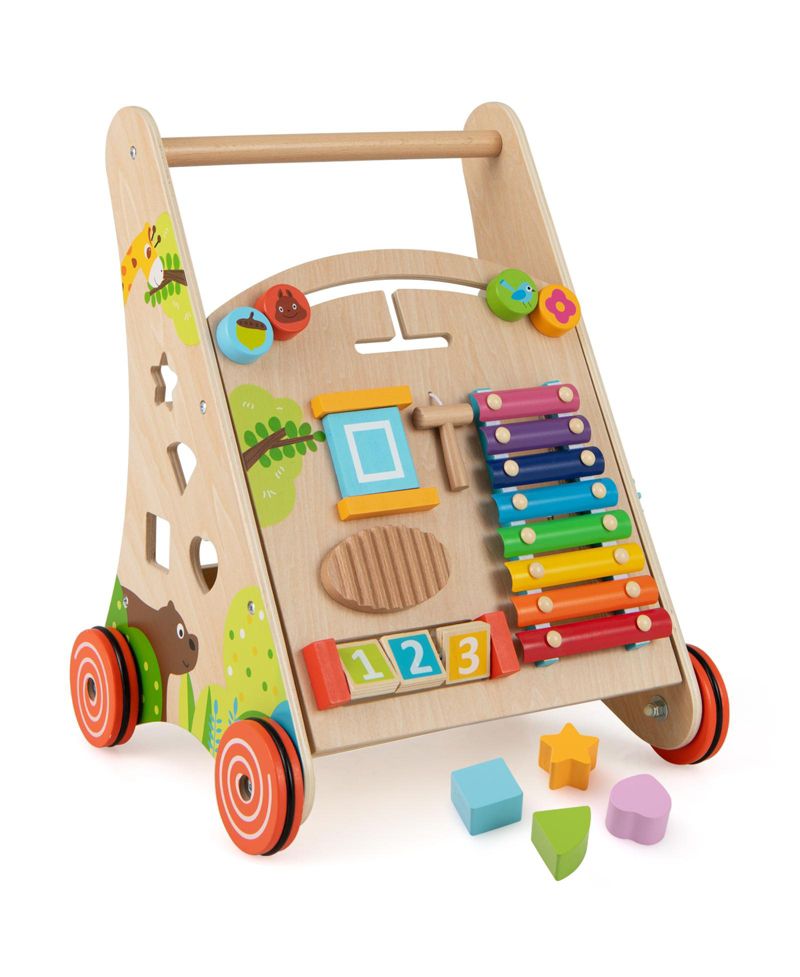 Wooden Baby Push and Pull Walker with Storage and Sturdy Handle-Light Brown