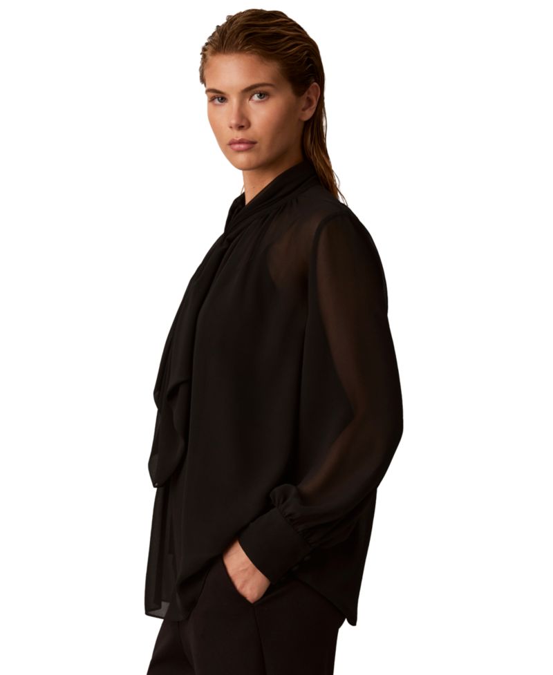Women's Long-Sleeve Ruffle Neck Chiffon Blouse