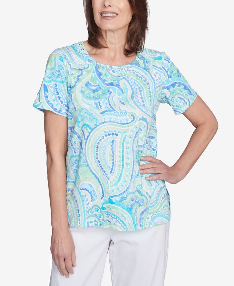 Women's Pleated Crew Neck Paisley Top