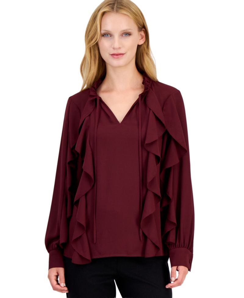 Petite Long-Sleeve Keyhole-Neck Ruffle Blouse