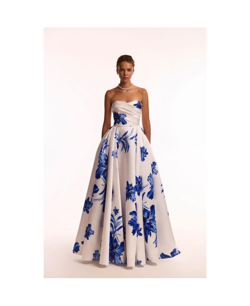 Women's Wonderful white A-line maxi dress with blue flowers