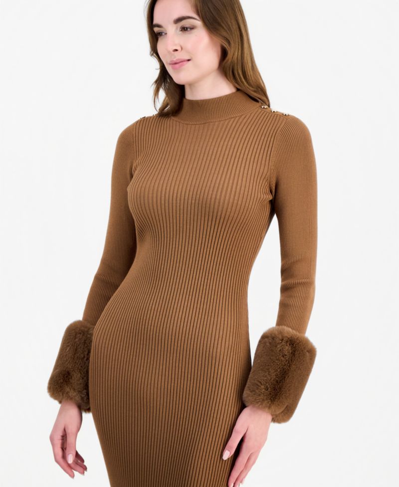 Women's Savannah Long-Sleeve Mock-Neck Faux-Fur-Cuff Midi Sweater Dress