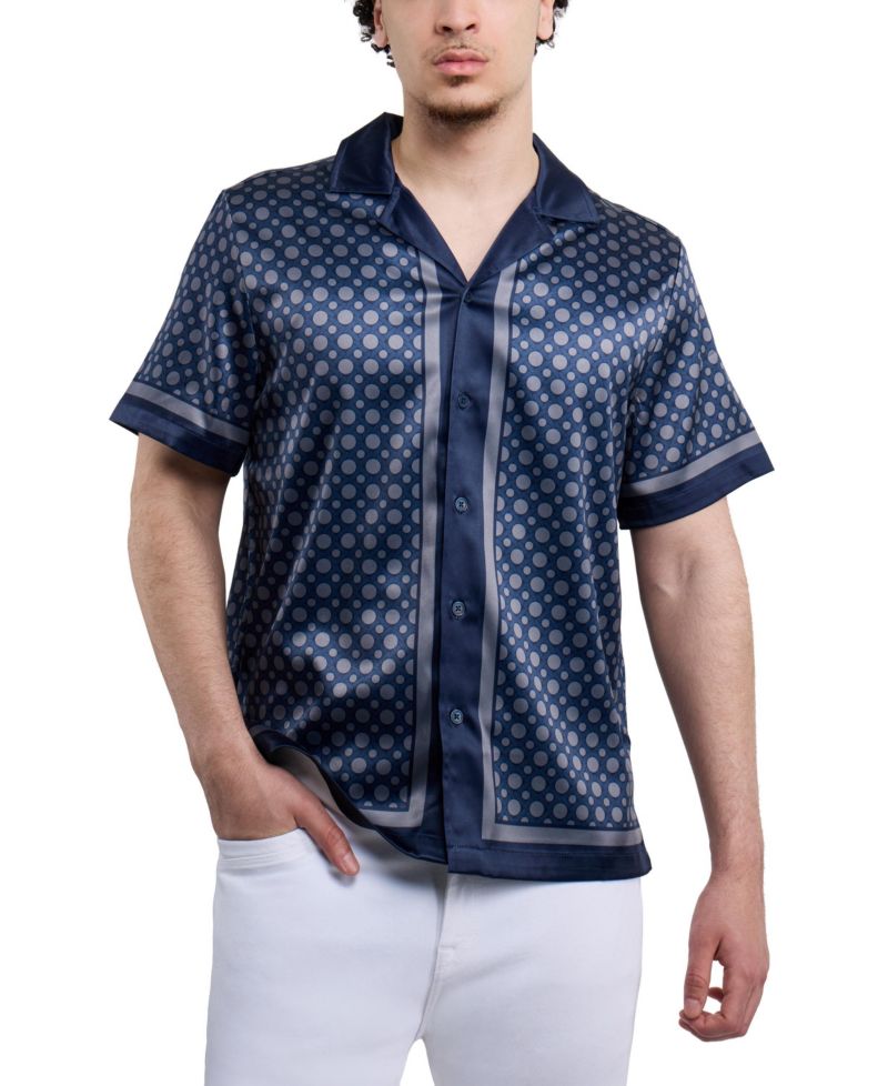 Men's Regular Fit Camp Collar Short Sleeve Printed Woven Satin Shirt