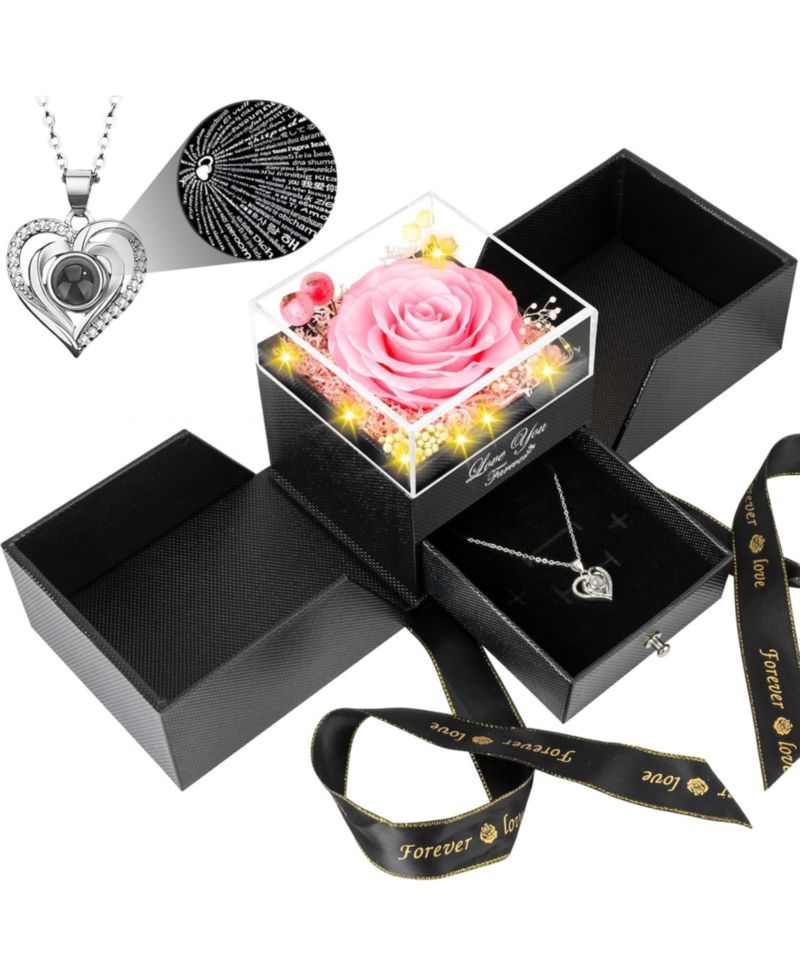 Preserved Pink Rose Gift Box with LED Lights & Double Heart Projection Necklace, I Love You in 100 Languages, Forever Rose Gift