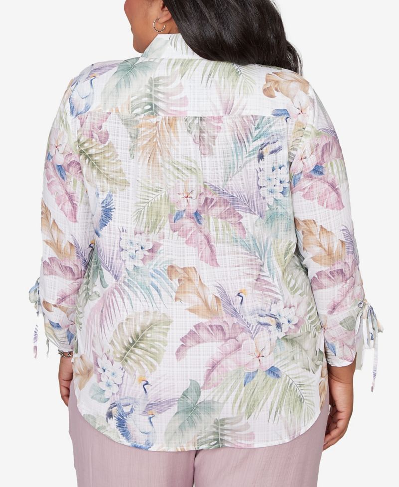 Plus Size Vintage Charm Tropical Button-Front Tie-Sleeve Top