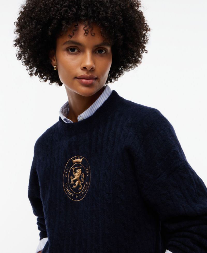 Women's Cable-Knit Crewneck Embroidered Crest Sweater