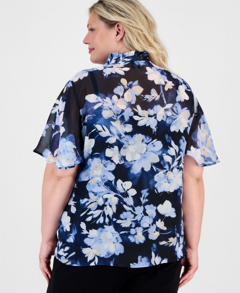 Plus Size Pleated-Placket Flutter-Sleeve Blouse