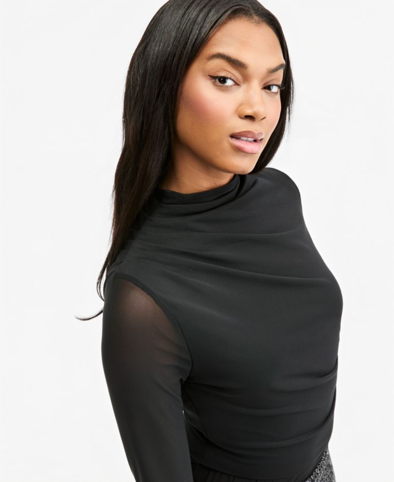 Women's Long-Sleeve Asymmetrical-Pleating Mock-Neck Bodysuit