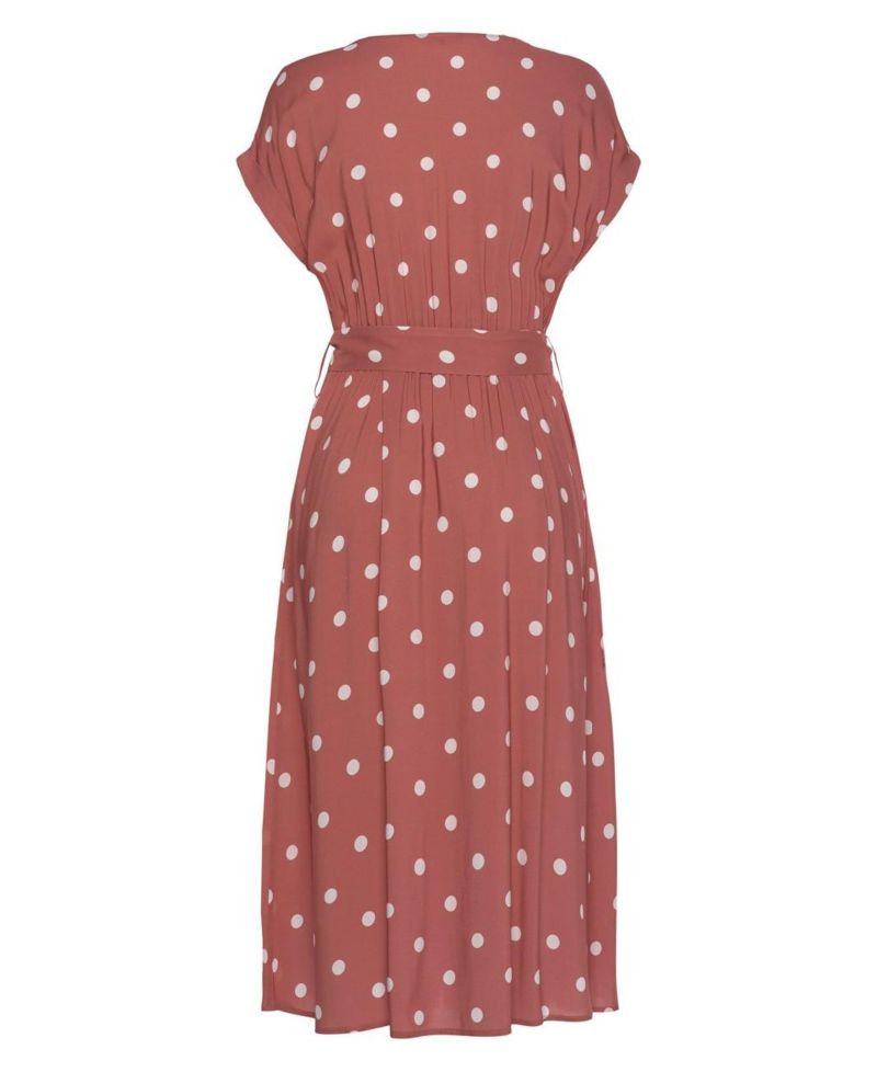 Women's Polka-Dot Short-Sleeve Belted Midi Dress