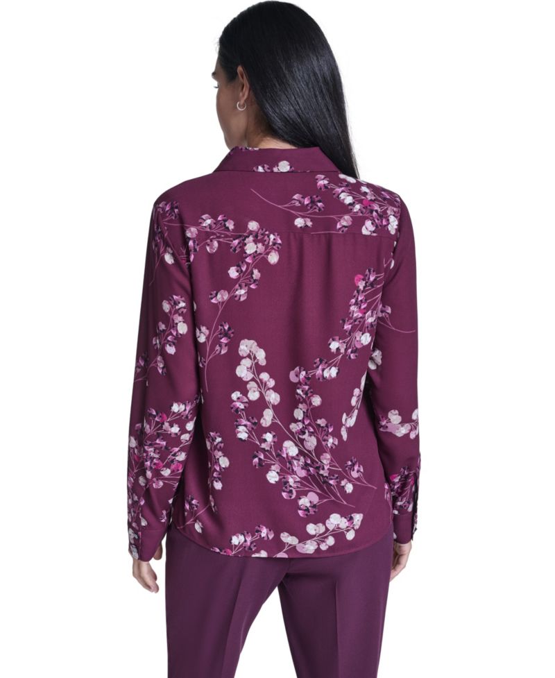 Women's Floral-Print Ruffled-Front Long-Sleeve Blouse