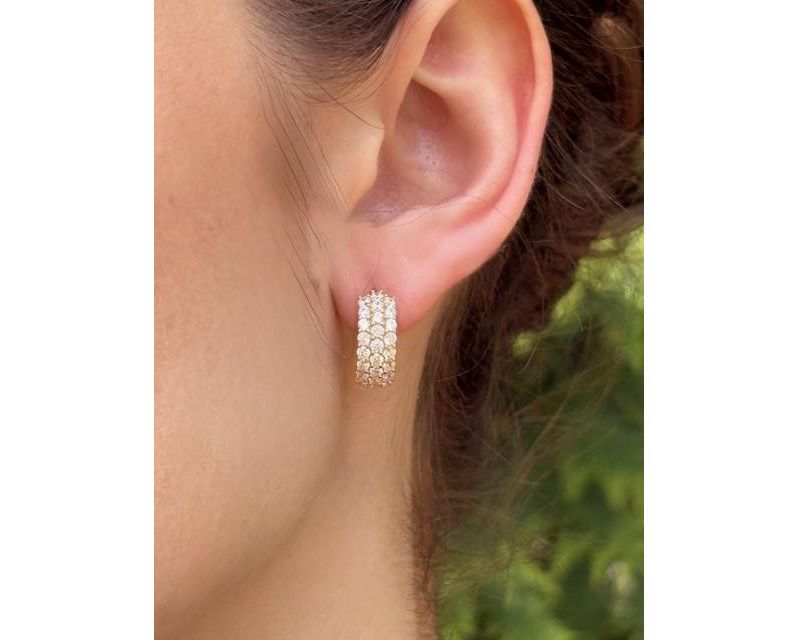 Sterling Silver Cubic Zirconia Pave Three-Row Huggie Hoop Earrings