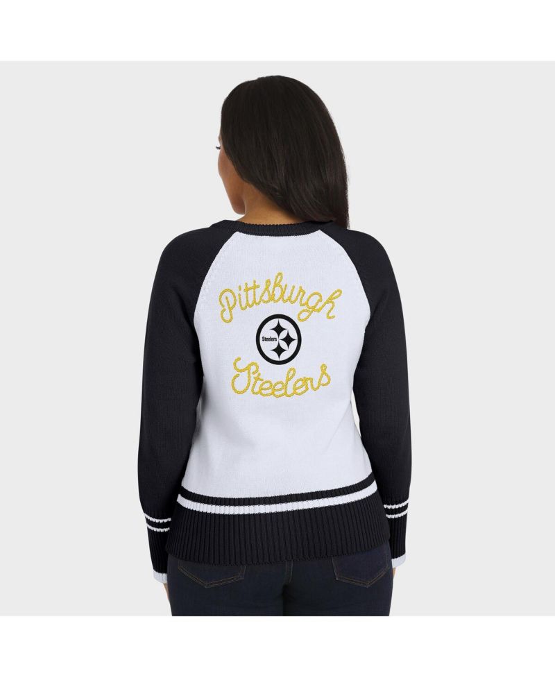 Women's White/Black Pittsburgh Steelers Color Block Raglan Sweater