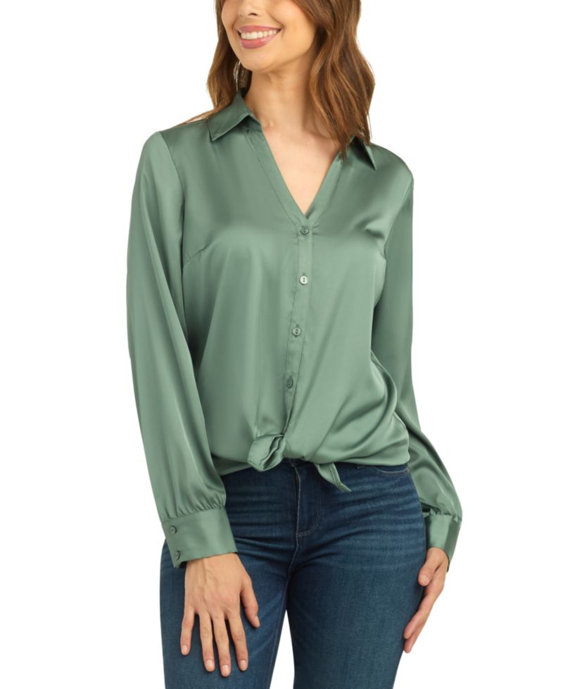 Juniors' Long-Sleeve Button-Up Tie-Front Blouse