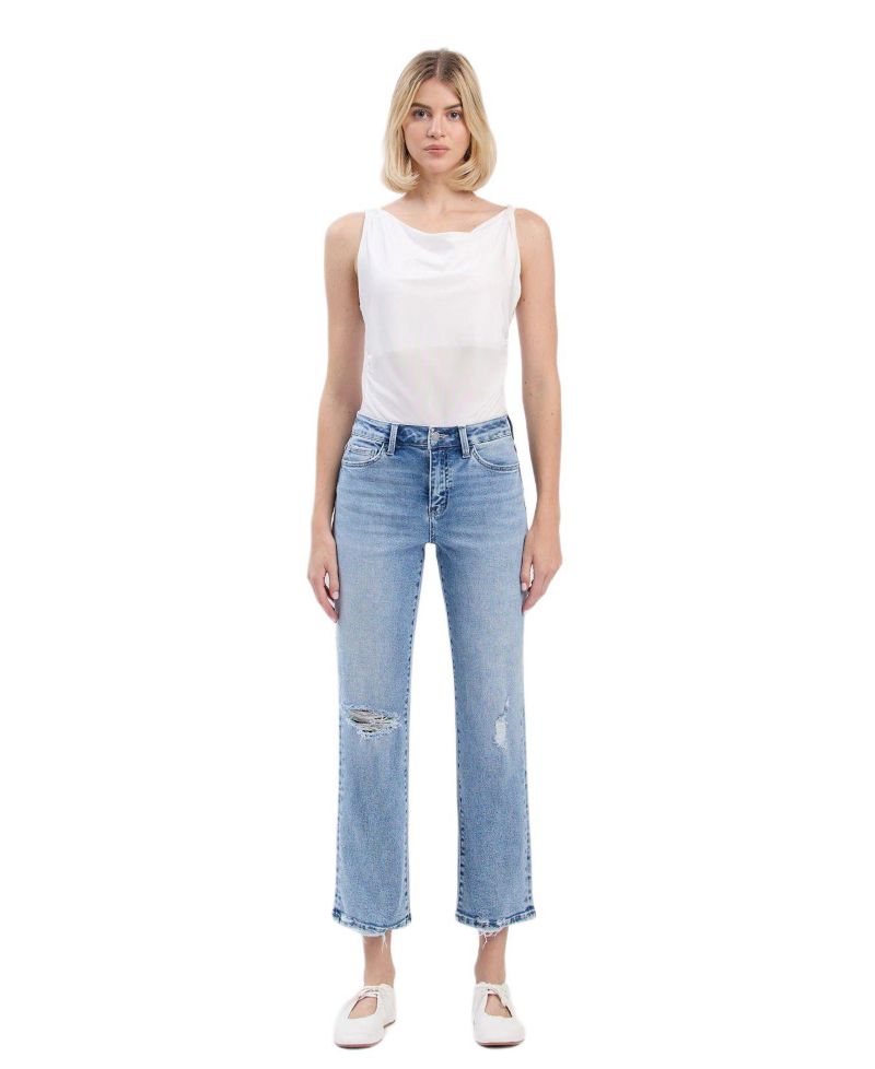 Women's High Rise Distressed Ankle Straight Jeans